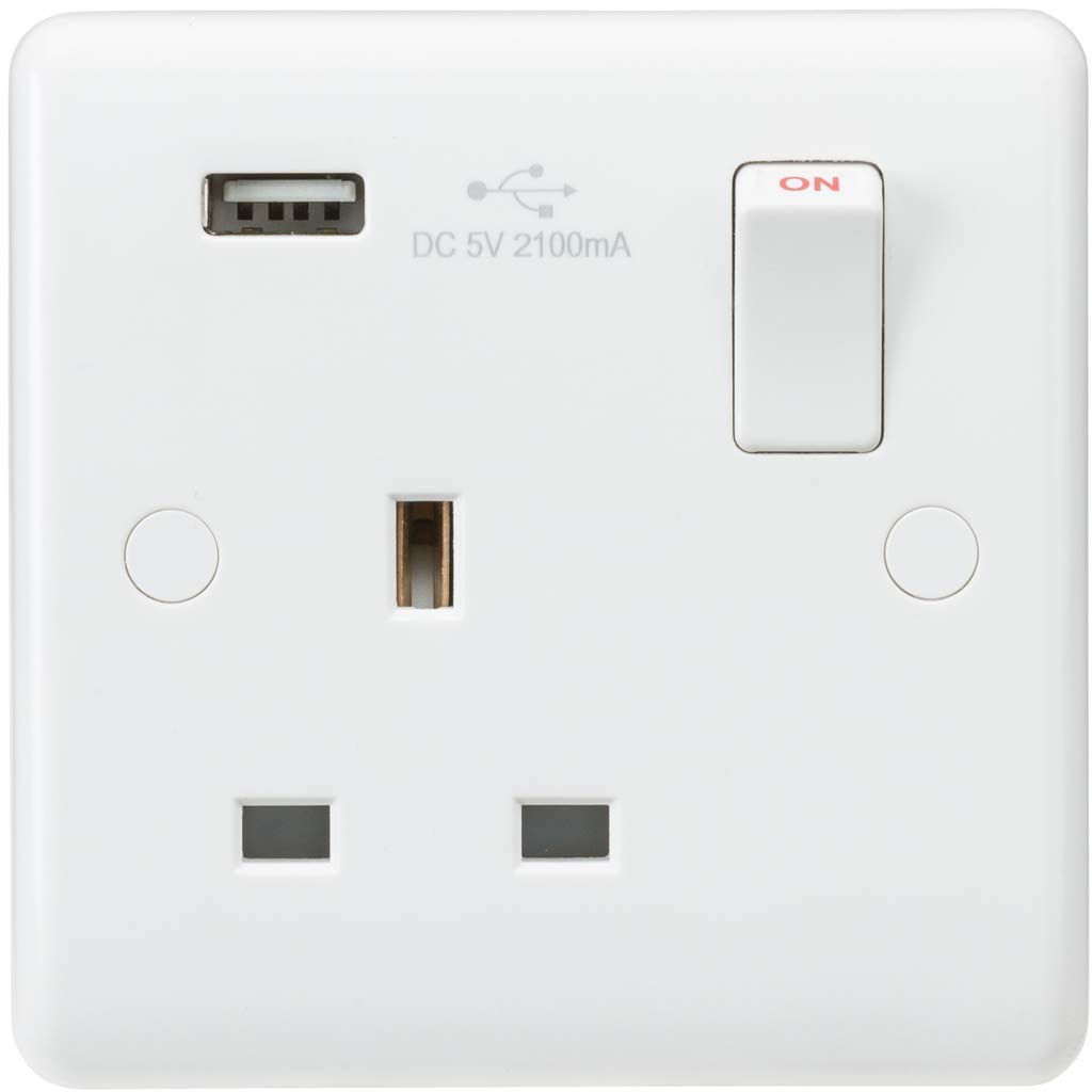 Knightsbridge CU9903 Curved Edge 13 A 1 Gang Switched Socket with USB Charger, White