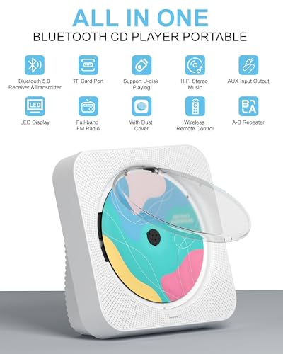 CD Player Portable with Bluetooth 5.1Desktop CD Player with HiFi Sound Speakers,Remote Control,Dust Cover,LED Display,Boombox FM Radio,USB/AUX for Home,Gift,Kids(White)