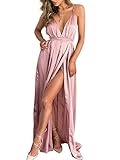Berrygo Women's Sexy Sleeveless Backless Deep V Neck Split Satin Long Party Dress Gown Pink