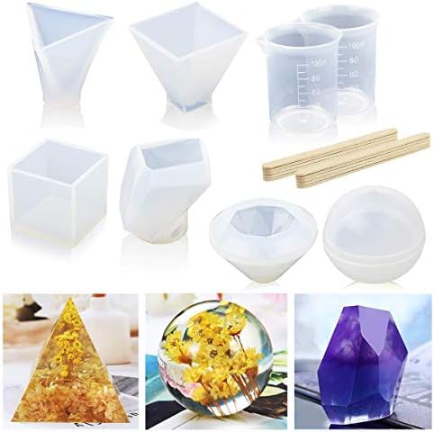 Amtake Resin Molds Silicone Epoxy Resin Casting molds Including Diamond, Cube, Pyramid, Sphere, Crystal Stone Shape with Measuring Cups & Wood Sticks, Perfect for DIY Jewelry Craft Making