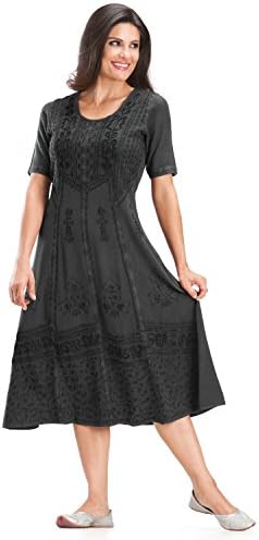 HolyClothing Andra Renaissance Embroidered Tea Length Dress - Small - Black Midnight