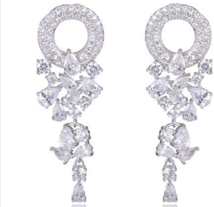 Long Dangle Earrings White Gold Plated Round Hang Top Quality CZ Diamond