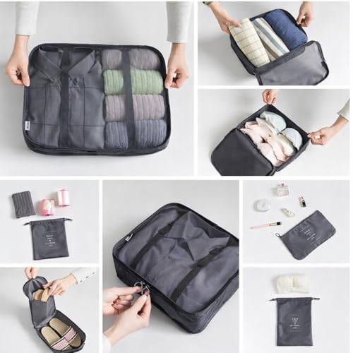 Kit Organizador de Mala 7 Peças com Zíper Duplo e Malha Respirável – Organizadores de Viagem para Roupas, Calçados e Acessórios – Conjunto Compacto e Impermeável