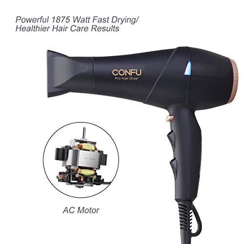 Professional Ionic Hair Dryer CONFU 1875W AC Motor Blow Dryer with Diffuser 2 Concentrators Fast Drying with 3 Heat 2 Speed Settings Cool Shot Button LED Night Light ETL Certified Black - Thumbnail 2