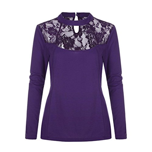 Womens Elegant Floral Lace Splicing Blouse Tops Choker Low Cut Tunic Shirts Plus Size (Purple, XL)