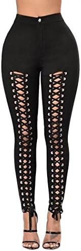 Women Skinny Lace Up Front Pants Gothic Punk Ripped Casual Leggings