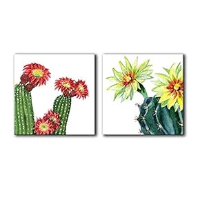 2 Panel Square Canvas Wall Art - Watercolor Style Colorful Cactus with Flowers - Giclee Print Gallery Wrap Modern Home Art Ready to Hang - 12"x12" x 2 Panels