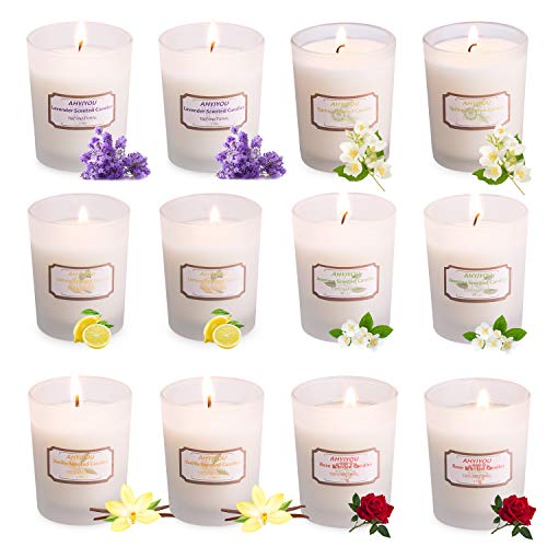Scented Candles Gift Set, Ahyiyou 12 x 2.5 Oz Portable Glass Natural Soy Wax Candles, Strongly Fragrance Essential Oils Aromatherapy Candles for Stress Relief Home Decoration