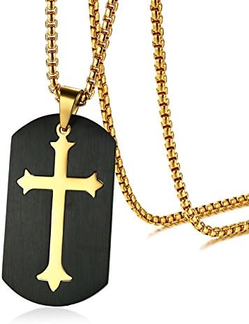 MP Men's Stainless Steel Christian Cross of Life Dog Tag Pendant Necklace Black Gold,Removable,Free Chain