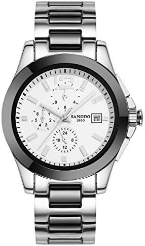 Topwatch Sangdo Luxury Mens Ceramic Band Bezel Multi Display Automatic Mechanical White Dial Watch