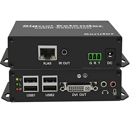 LornCeng 4K USB KVM Extender Over Cat5/6a/7 Up to 394ft, DVI KVM Extender, 4-Port USB2.0 Hub for Keyboard & Mouse,USB Flash Drive,Camera, RS232/IR/Audio/Mic, Zero Latency, Plug & Play