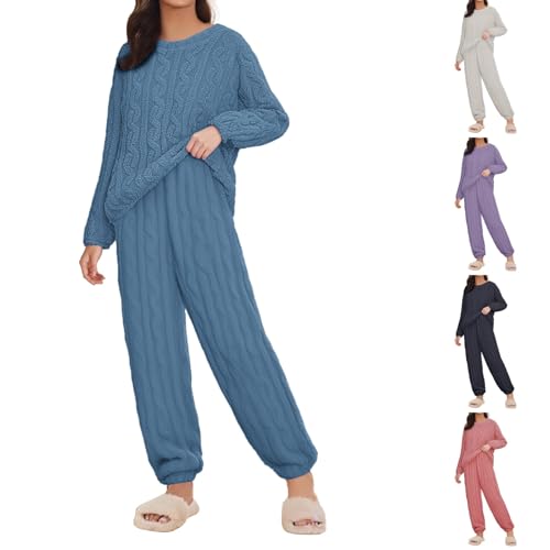 Womens Fluffy Pyjama Set Fleece Pyjamas 2 Piece Lightweight Fall Warm Solid Colour Pyjamas Sleepwear Crew Neck Pullover Tops Sleep Pants Ladies Cute Soft Costume Comfortable Suit Homewear