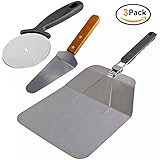 Kitchenware Set Stainless Steel Pizza Peel With Rubber Handle + Pizza Wheel Cutter + Pizza Shovel For Grilling &amp;Serving Food, 3 Pack Pizza Set Grilling Set,11.45inch x 21inch（with folding handle）