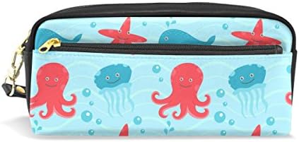 Vantaso Pencil Case Makeup Bag Red Octopus And Sea Stars With Blue Dolphin PU Leather Beauty Cosmetic Pouch for Travel Women School Teens Girls Boys Students