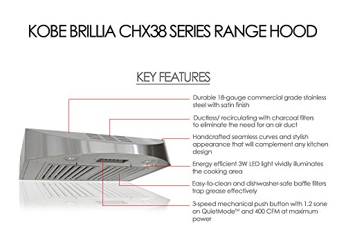 KOBE CHX3830SQBD-3 Brillia 30-inch Ductless Under Cabinet Range Hood, 3-Speed, 400 CFM, LED Lights, Baffle Filters