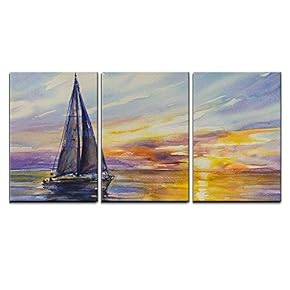 Yacht Sailing Against Sunset Wall Decor x3 Panels
