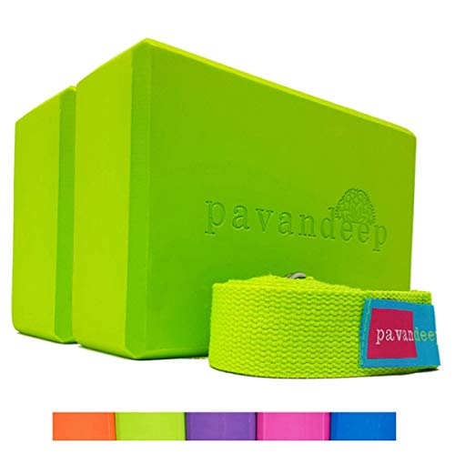 Pavandeep Yoga Blocks and Strap Set (3pc Kit) EVA Yoga Foam Block (2 Pack) + Yoga Strap (1pc) Firm Grip for Balance Stability & Support in Yoga Pilates Meditation (Lime Green)