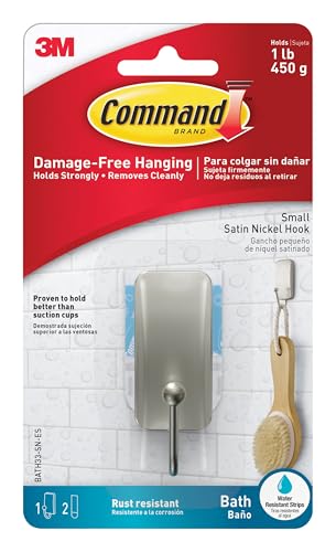 Command Bath Hook, Small, Satin Nickel Metal - Water Resistant - 1 Small Hook and 2 Adhesive Strips - Hang Towels, Robes and Other Bathroom Accessories - Ideal to Avoid Drilling Through Tiles