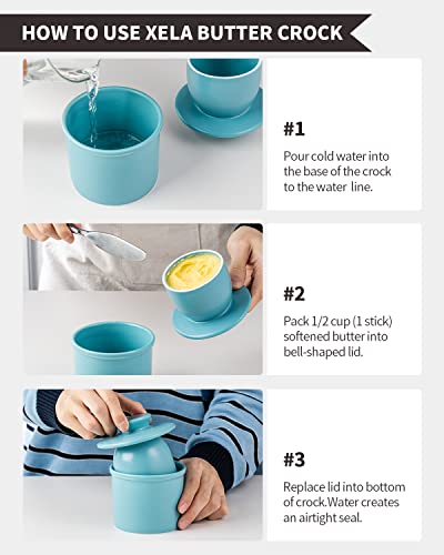 XELA Porcelain Butter Keeper Crock, French Butter Crock for Counter, Butter Keeper With Water Line for Fresh Spreadable Butter-Wax Blue