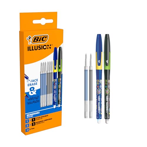 BIC Illusion Eraseable Gel Pens, 2 Pens, Black & Blue Ink, 6 Cartridge Refills
