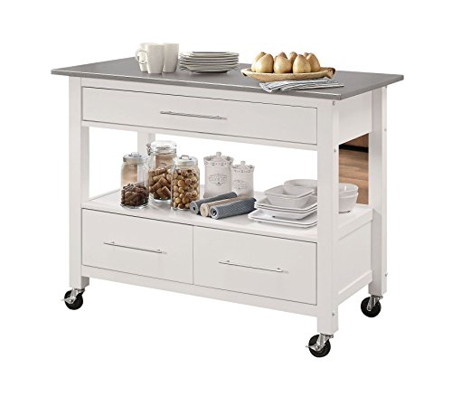 Major-Q 9098330 Stainless Steel and White Finish Wheeled Kitchen Island Cart with Drawers and Open Storage