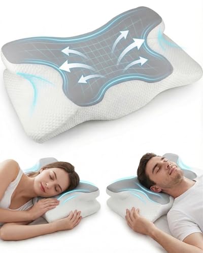 Ergonomic Cervical Pillow, Breathable Ice Fibre Cover, Anti-Sweat Cervical Cushion for Neck and Shoulder Pain, Ideal in Summer, Side Sleeper and Back Sleeper (Grey)