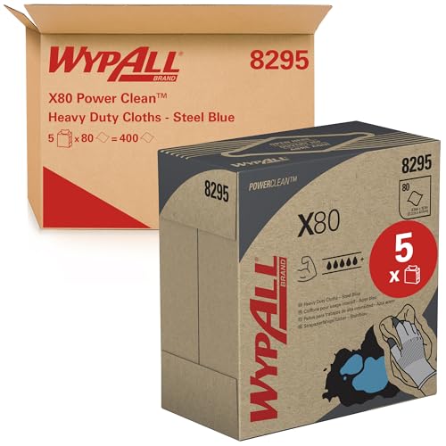 WypAll X80 Power Clean Blue Cleaning Cloths 8295 - Reusable Cloths - 5 POP-UP Boxes x 80 Blue Absorbent Cloths (400 Total)