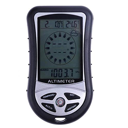 Multi-function 8 in 1 Electronic Handheld Compass Altimeter Barometer Thermometer Weather Forecast Time Calendar Digital Altimeter LED Back-light Forecast Thermometer for Camping Hiking Climbing