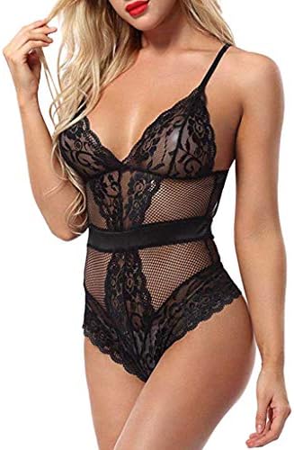 WANQUIY Women One Piece Lingerie Lace Bodysuit V-Neck Intimates Underwear Fishnet Bodysuit Mesh Babydoll Black
