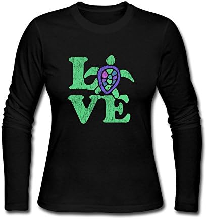 QEDS Cute Sea Turtles Love Retro Style Women Long Sleeve Round Neck Cotton T-Shirt Top Christmas Gift S