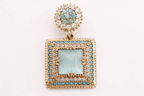 Turkish Handmade Jewellery Sq. Form Princess Minimize Cat’s Eye Aquamarine and Spherical Minimize Turquoise Topaz 925 Sterling Silver and Bronze Pendants