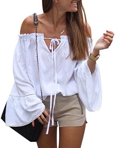 LISASTOR Womens Casual Strapless Long Sleeve Plain Shirts Bell Sleeve Cotton Blouse Tops (M, White)