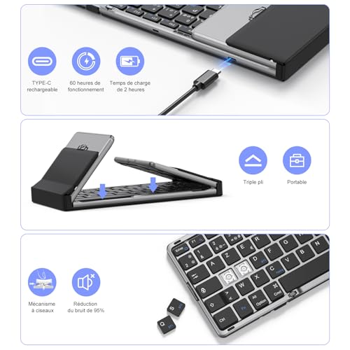 OMOTON Clavier sans Fil Pliable avec Pavé Tactile et Pavé Numérique, Clavier Bluetooth AZERTY Rechargeable, Multi-appareils, Portable Keyboard pour PC Tablette iPad Windows Mac Android