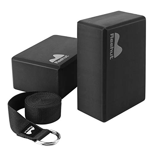 REEHUT Yoga Block (2 PC) and Metal D Ring Yoga Strap(1 PC) Combo Set, 9″ x 6″ x 4″High Density EVA Foam Block to Support and Deepen Poses, 8FT Yoga Belt for Stretching, General Fitness Black