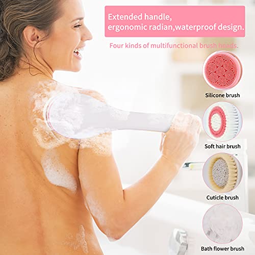 NAGRAN Rechargeable Body Brush Rotating Long Handle Body Scrubber for Back Scrubber and Body Exfoliator Deep Cleansing Waterproof and non-slip with 4 Brush Heads (Pink)