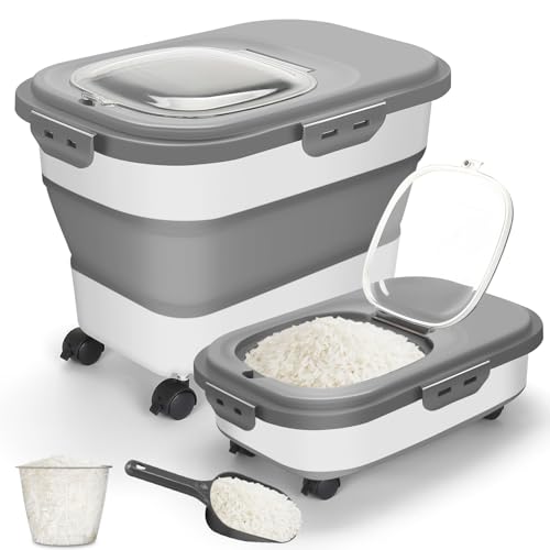 Photo 1 of Rice Storage Container, Dog Food Storage Container, Airtight Flour Container Dispenser Bin with Wheels, Scoop & Measuring Cup, Collapsible Kitchen Pet Cat Dry Food Holder for Rice Cereal Kibble