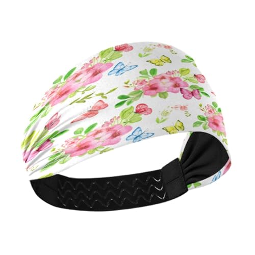 WELLDAY Headbands for Women Watercolor Butterflies Floral Soft Elastic Non Slip Headbands for Women Running, Wide Women’s Head Band for Thin Hair