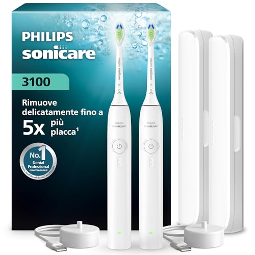 Philips Sonicare Serie 3100 - Spazzolino elettrico sonico, Sensore di pressione, 3 intensità, EasyStart, SmarTimer, autonomia 14 giorni, custodia, bianco, confezione da 2, HX4072/41, [Nuovo]