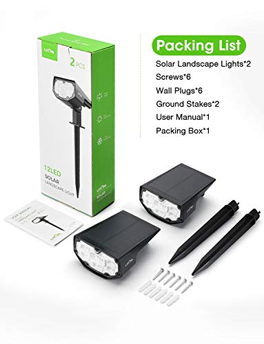 LITOM 12 LED Solar Landscape Spotlights, IP67 Waterproof Solar Powered Wall Lights 2-in-1 Wireless Outdoor Solar Landscaping Light for Yard Garden Driveway Porch Walkway Pool Patio 2 Pack Multicolored - Thumbnail 7