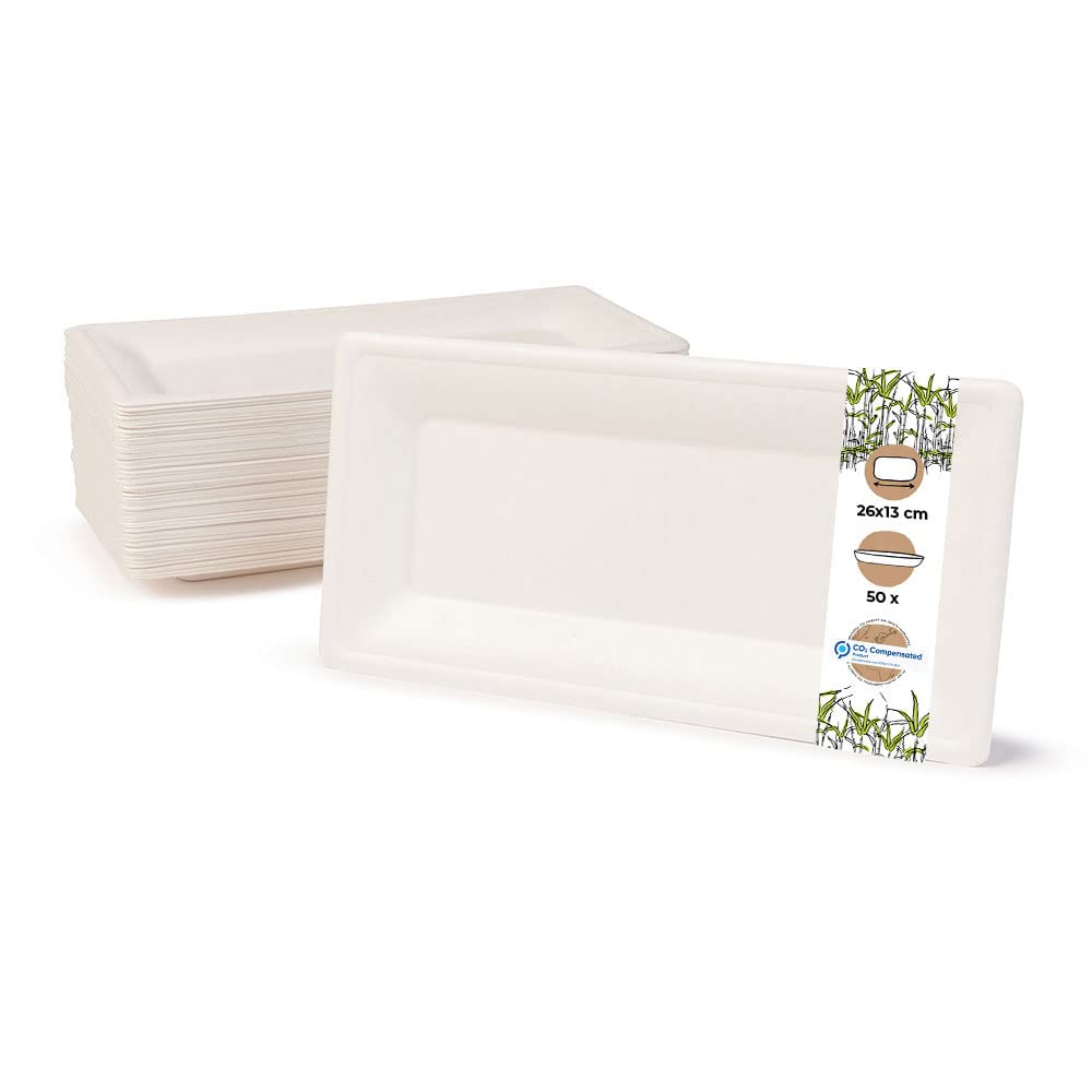 BIOZOYG Disposable Dishes Sugarcane Plates compostable I 50 Pieces Rectangular Party Plates 26 x 13 cm White I Biodegradable Sugarcane Plates for Starters Appetizers Antipasti Dishes