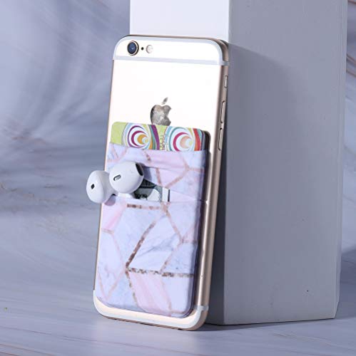 2Pack Phone Card Holder Stretchy Lycra Stick on Wallet Pocket Credit Card ID Case Pouch Sleeve 3M Adhesive Sticker for Back of iPhone Samsung Galaxy Android Smartphones-Rose Gold Marble Double Pocket