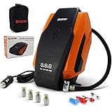 Digital Tire Inflator Portable Air Compressor 12V Auto Pump, 3 Adaptors for Inflatables, 1 Extra Fuse, Carry Bag, BONUS 4 Self Monitoring Valve Caps