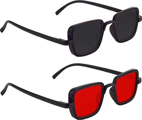 UV Protection, Night Vision, Riding Glasses Wayfarer, Retro Square, Shield, Rectangular, Clubmaster Sunglasses (Free Size) (Red, Black