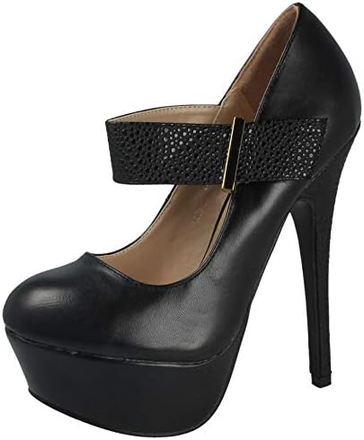 Ladies PU Faux Leather Suede Touch Close Mary Jane Ankle Strap Round Toe Platform Stiletto High Heel Party Court Shoes Size 2-7