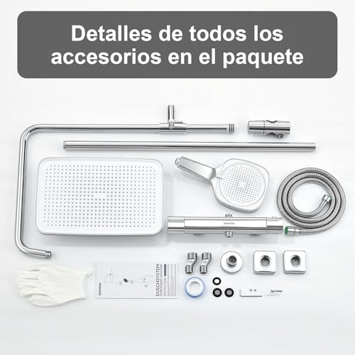 DelnVior Shower System with Thermostat Stainless Steel Square Rain Shower 3 Jet Types Complete Shower Set Adjustable Height with Anti-scald Protection Water Saving
