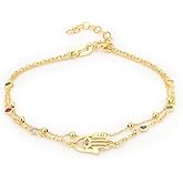 Vanbelle 18K Gold Plated Jewelry - Double Layered Beaded Chain Hamsa Bracelet with Cubic Zirconia Stones - Beautifully Handcrafted for Women - 6.5" Long + 2" Extender