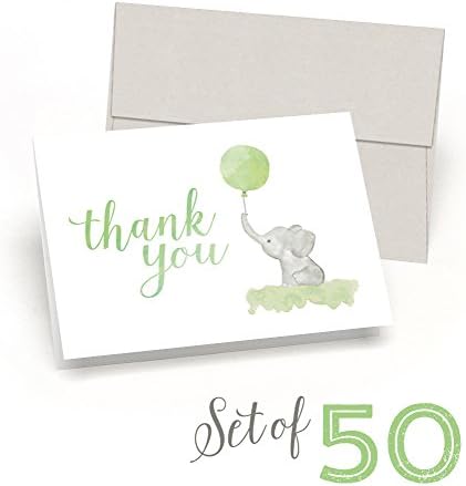 Beautiful Baby Shower Thank You Cards (Set of 50 Cards + Envelopes) - Watercolor Elephant & Green Balloon - By Palmer Street Press
