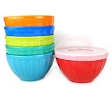 Melamine Fluted Bowls Set with Lids - 6pcs 17.5 oz Cereal/Soup/Prep Bowls, 6 Assorted Color | Break-resistant 100% Melamine Bowls and Plastic Lids | Dishwasher Safe, BPA Free