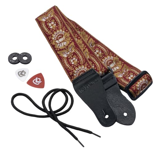 KLIQ Vintage Woven Guitar Strap for Acoustic & Electric Guitars + 2 Rubber Strap Locks, 2 Guitar Picks & 1 Lace | '60s Jacquard Weave Hootenanny Style | Crimson & Gold Sunburst Flower