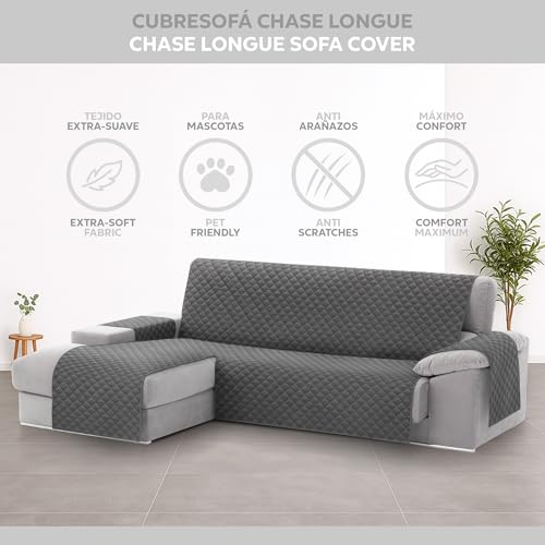Textilhome Copridivano Chaise Longue con Penisola Malu 240cm – Salvadivano Trapuntato Universale con Bracciolo Sinistro, Protezione per Animali Domestici, Colore Grey (Visto da Davanti)